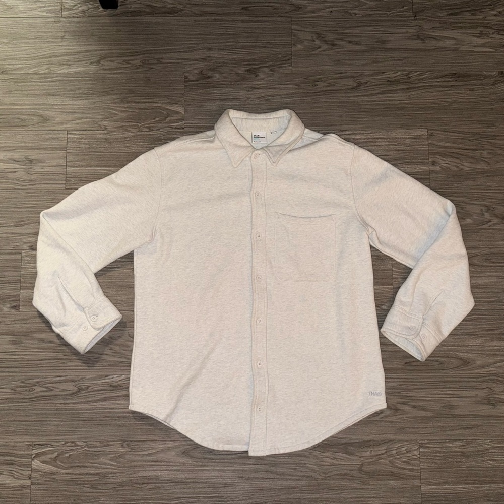 TNA Sweatfleece Cozy Fleece Boyfriend Shirt Jacket Heathered Cream Wmn Sz Large